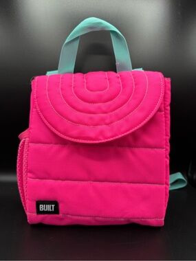 BUILT Pink Puffer Insulated Lunch Bag Tote w/ Teal Handle